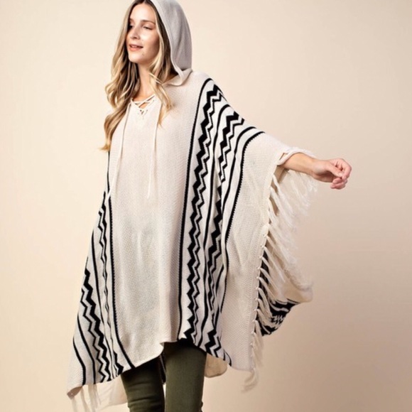 RELISTED Hooded Fringe Premium Cotton Blend Knit Poncho - Picture 6 of 8